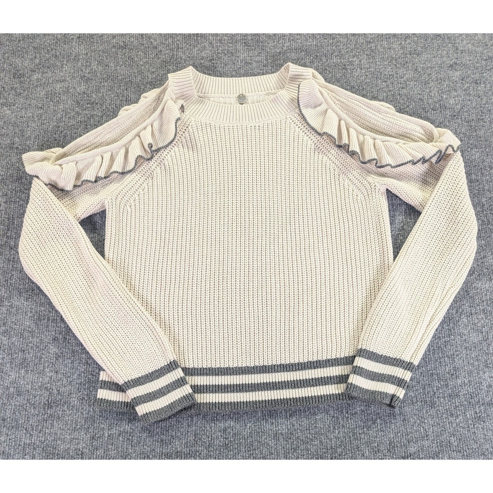 Margaret O'Leary Skylar Sweater Cold Shoulder Ruffles Women's Sz Med. Ivory Gray